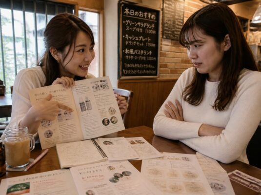 カフェでネットワークビジネスの勧誘してる様子